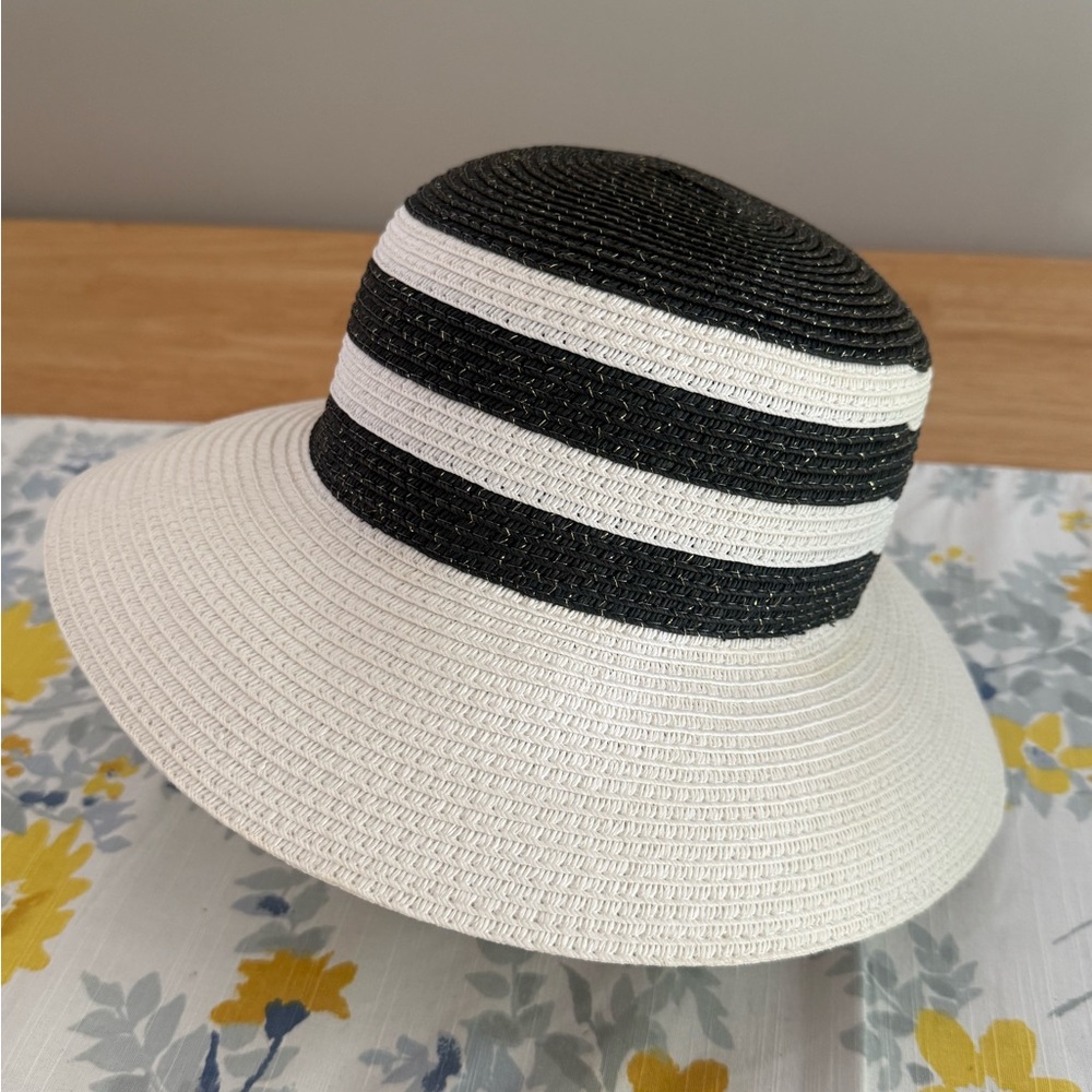 Magid Black and White Striped Women's Hat with gold highlights.